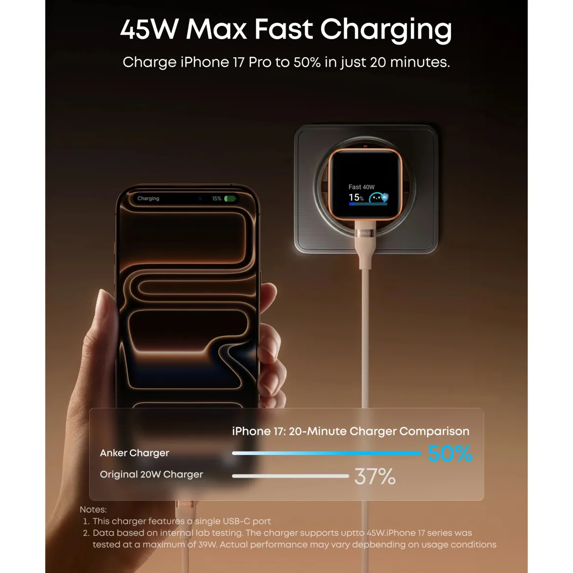Anker Nano Charger 45W USB-C-oplader med display, Sort