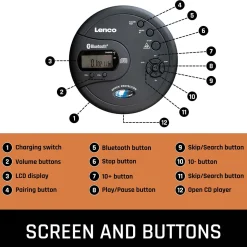 Bærbar Bluetooth® CD-MP3-afspiller med antishock Sort