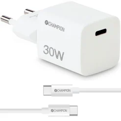 Champion 30W PD-lader i kompakt format - Hvid (inkl. USB-C til USB-C-kabel)