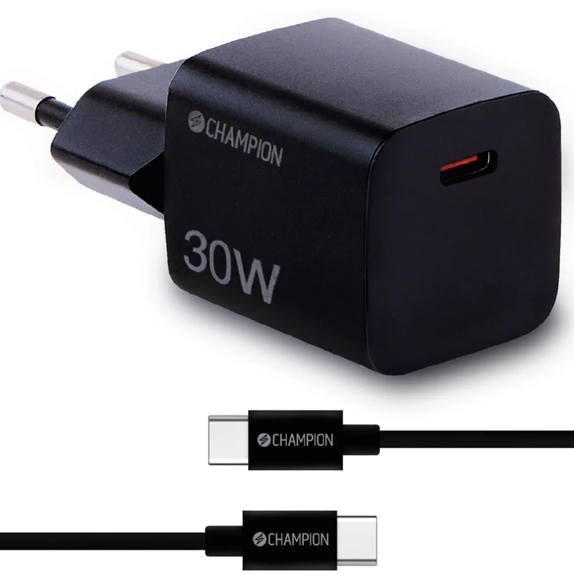 Champion 30W PD-lader i kompakt format - Sort (inkl. USB-C til USB-C-kabel)