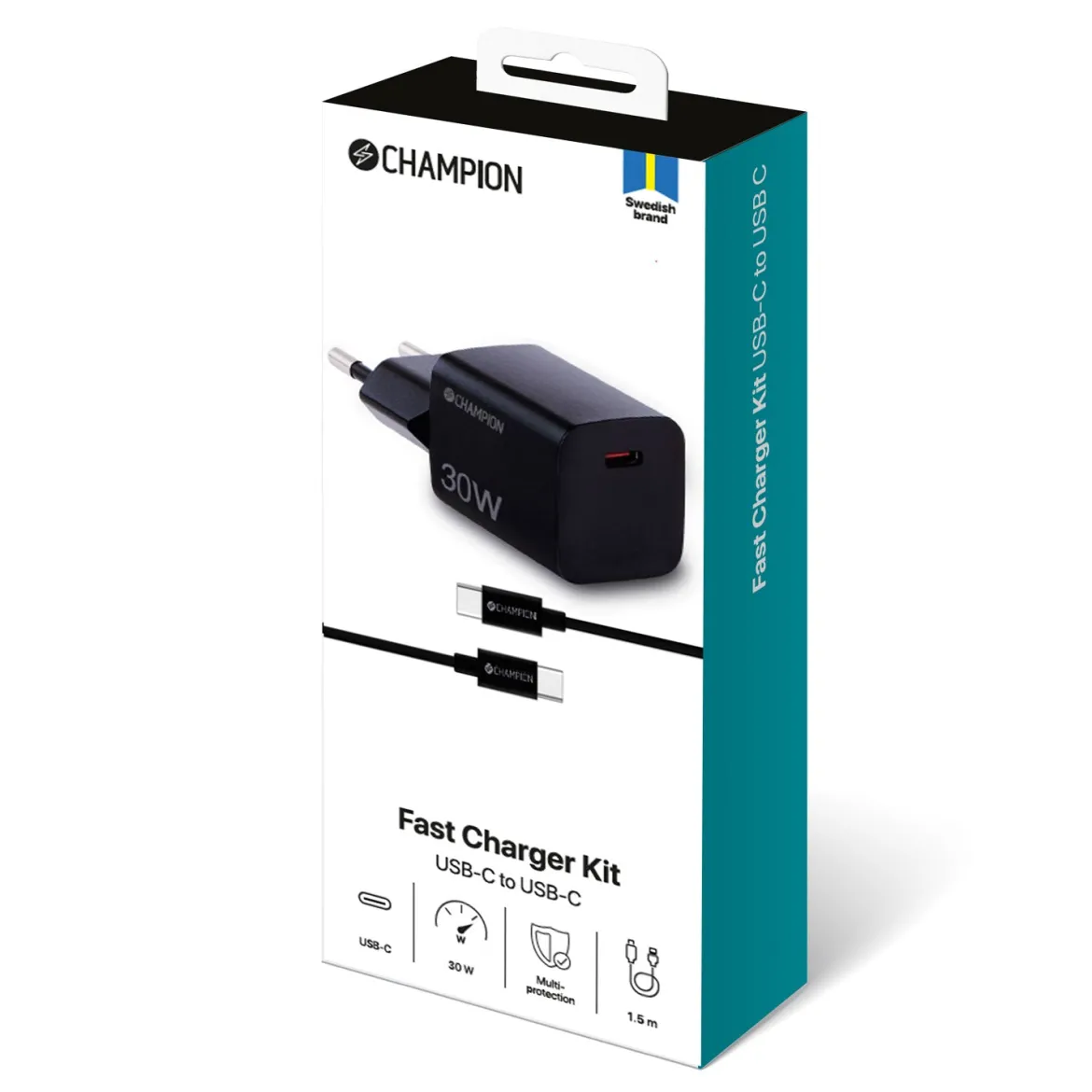 Champion 30W PD-lader i kompakt format - Sort (inkl. USB-C til USB-C-kabel)
