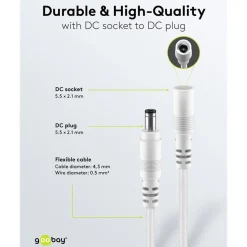 DC-forlængerledning 5,5x2,1 mm - 3 m Hvid