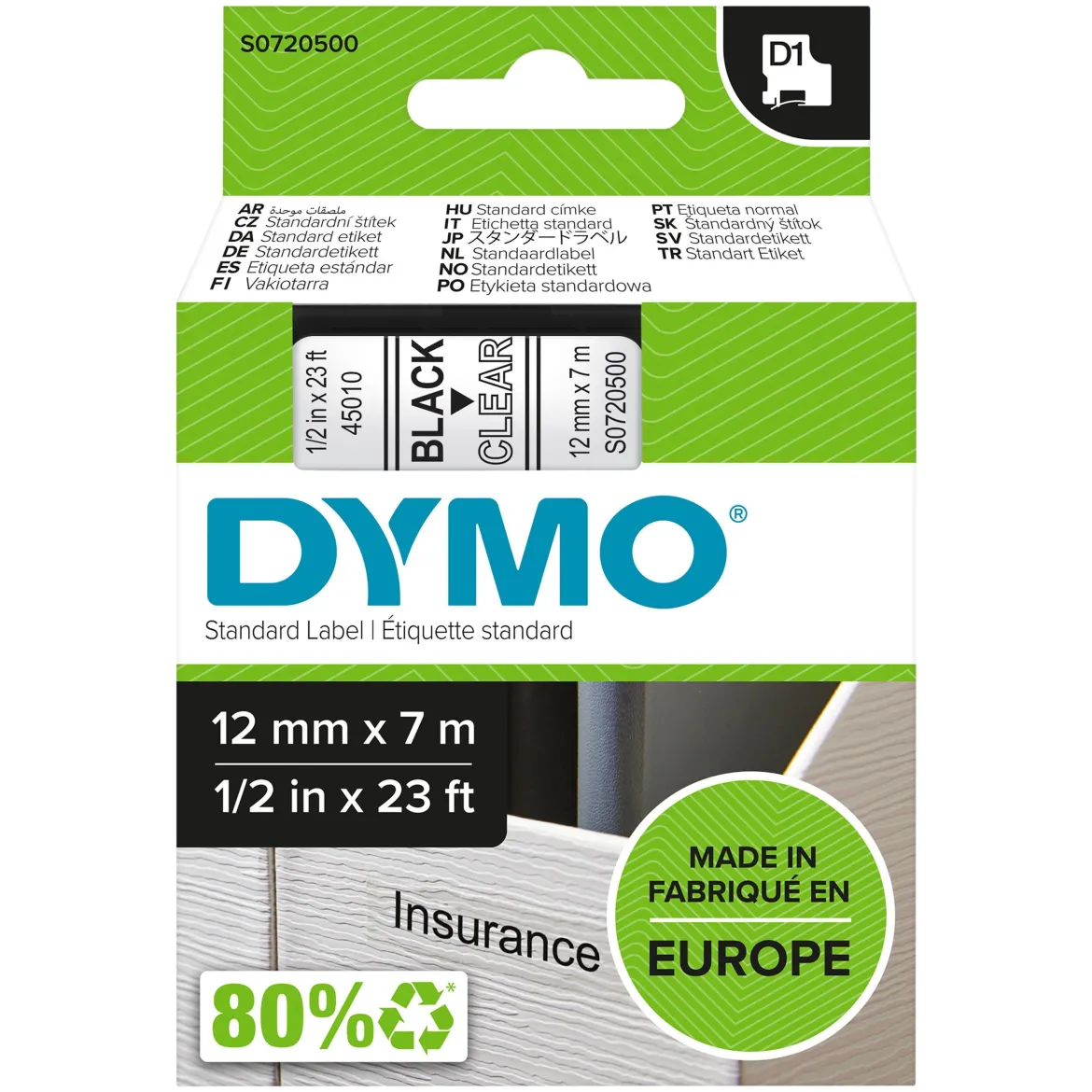 Dymo D1-mærket tape 12 mm - Klar