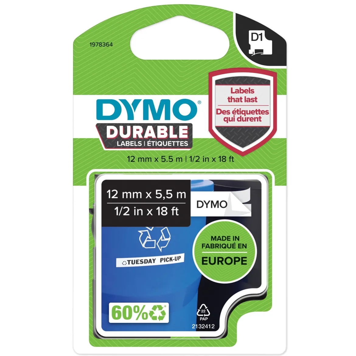 Dymo Holdbar D1-mærketape 12 mm