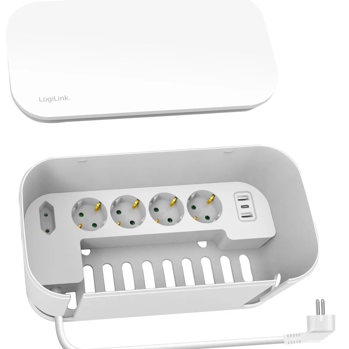 Kabelboks hvid med indbygget 5-vejs stikdåse og 3x USB