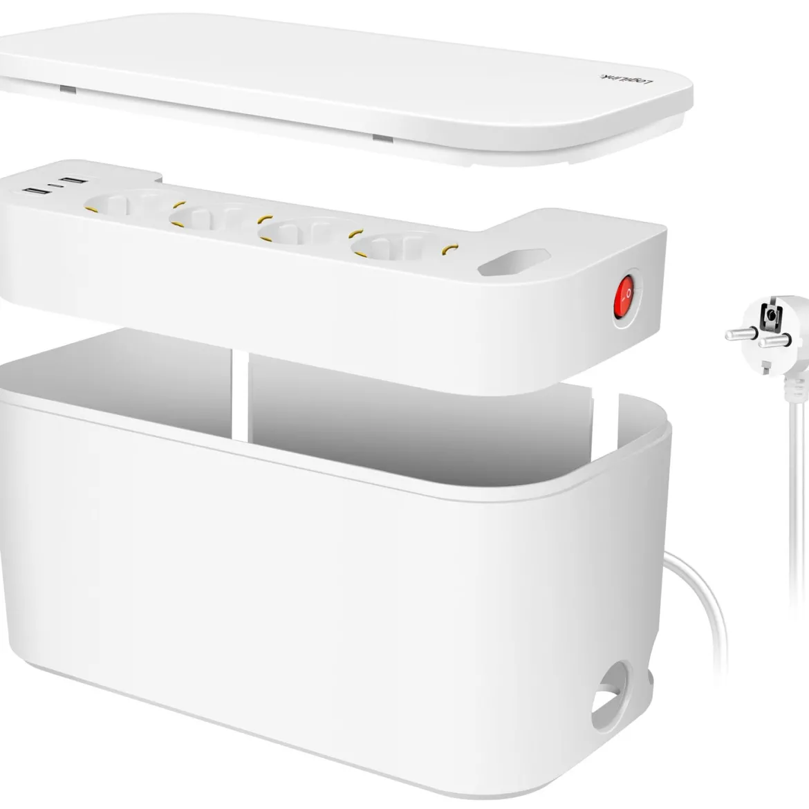 Kabelboks hvid med indbygget 5-vejs stikdåse og 3x USB