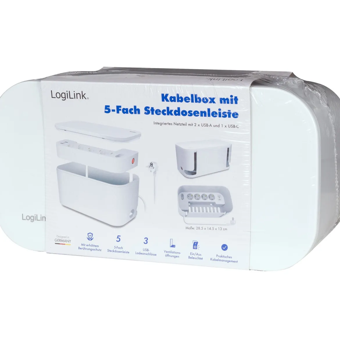 Kabelboks hvid med indbygget 5-vejs stikdåse og 3x USB