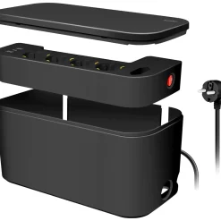 Kabelboks sort med indbygget 5-vejs stikdåse og 3x USB