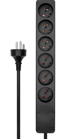 MicroConnect dansk stikdåse - 6-vejs - Sort - 3m