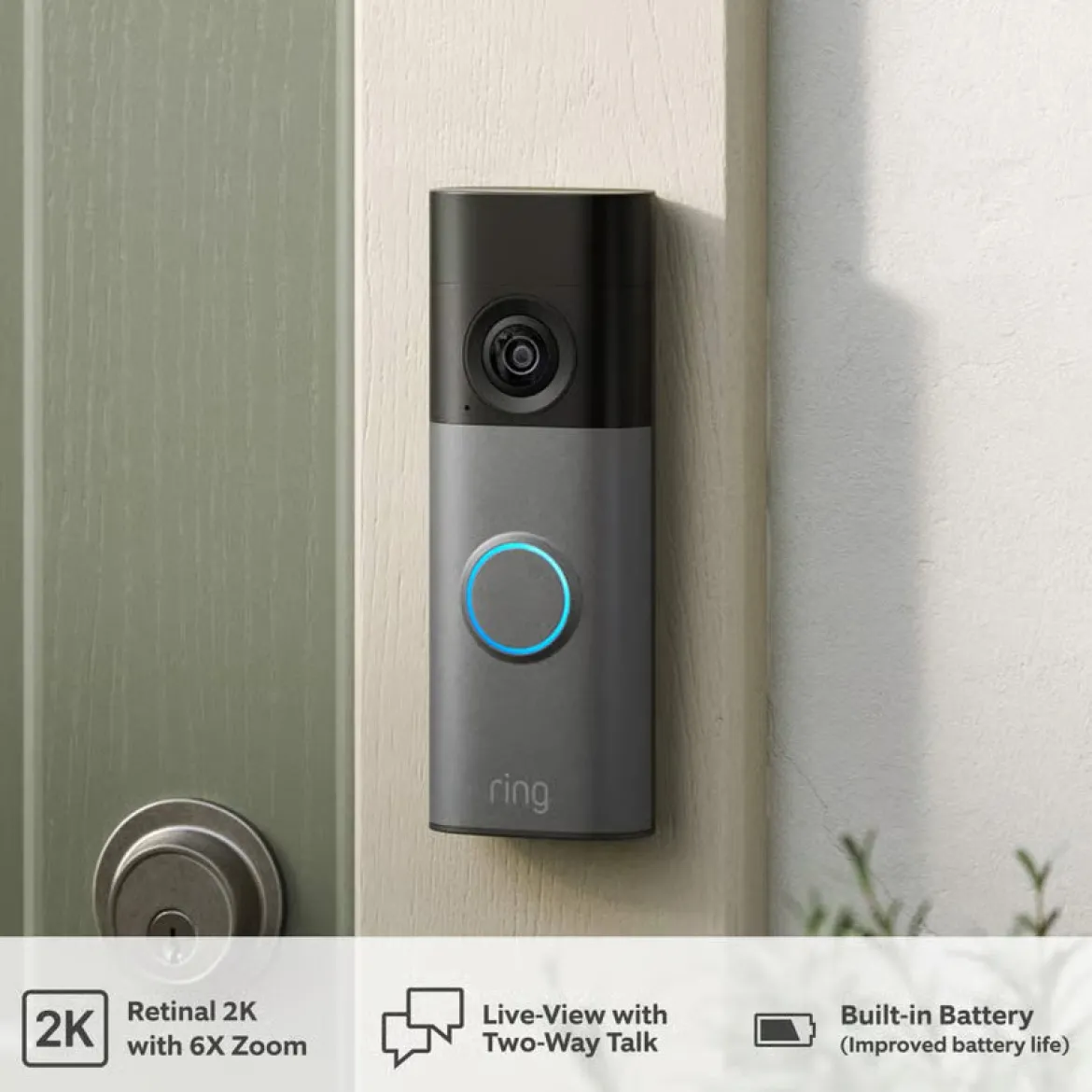 Ring Battery Video Doorbell + Chime, Retinal 2K, Speckled Grey