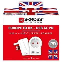 Skross Rejseadapter Europa til UK USB AC20PD