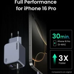 Ugreen Nexode Pro 65W GaN-hurtigoplader med 3 porte