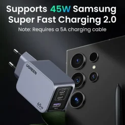 Ugreen Nexode Pro 65W GaN-hurtigoplader med 3 porte
