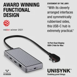Unisynk 10-ports USB-C-hub til dobbelte skærme til Mac - Grå