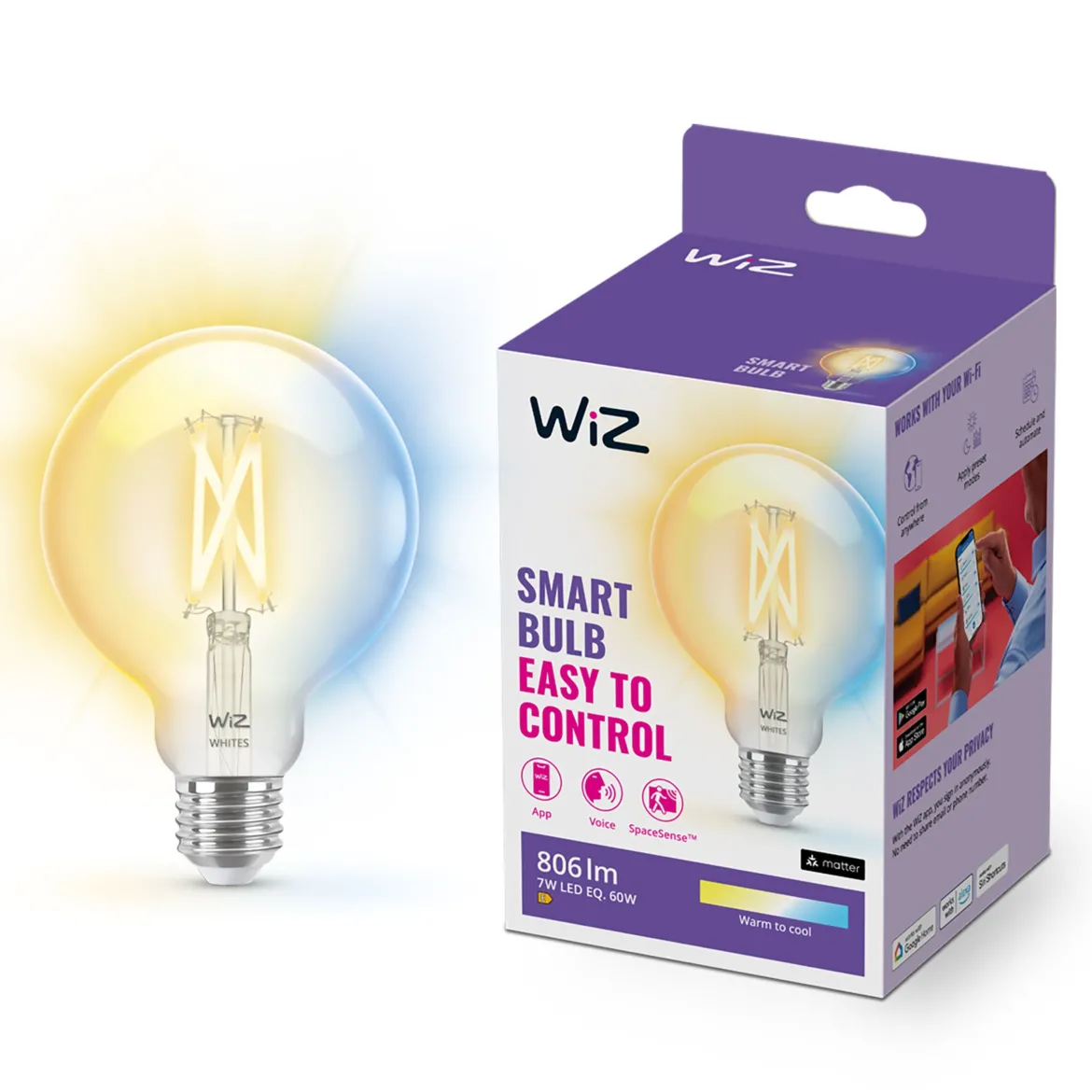WiZ Klar Filament G95 Smart LED-pære E27 806 lm
